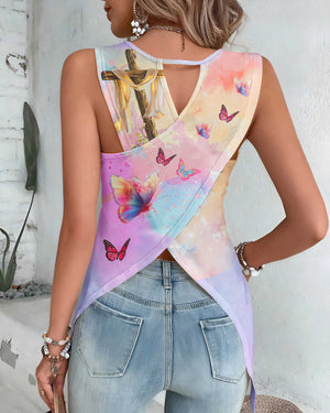 God Is Within Her She Will Not Fall All Over Print Cut Out Wrap Back Tank Top