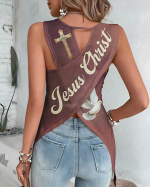 By His Stripes I Am Healed All Over Print Cut Out Wrap Back Tank Top