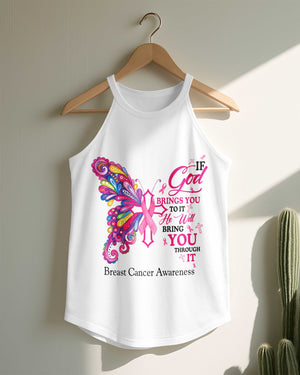 If God Brings You To It He Will Bring You Through It Breast Cancer Awareness Rocker Tank Top