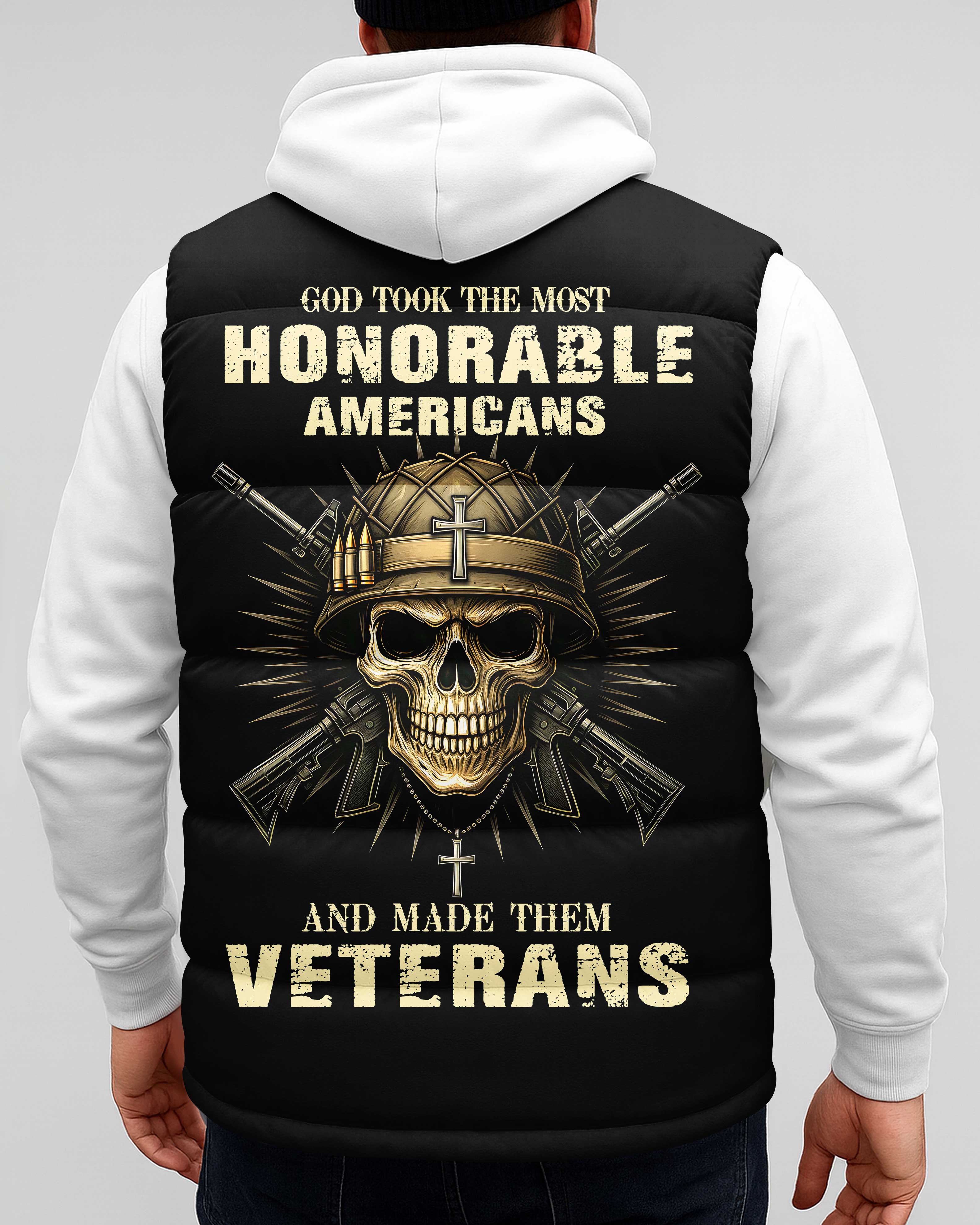 God Took The Most Honorable Americans And Made Them Veterans All Over Print Sleeveless Puffer Jacket