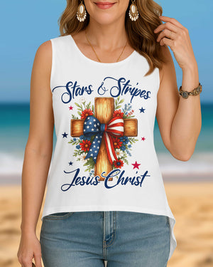 Stars And Stripes Jesus Christ Crop Out Wrap Back Tank Top