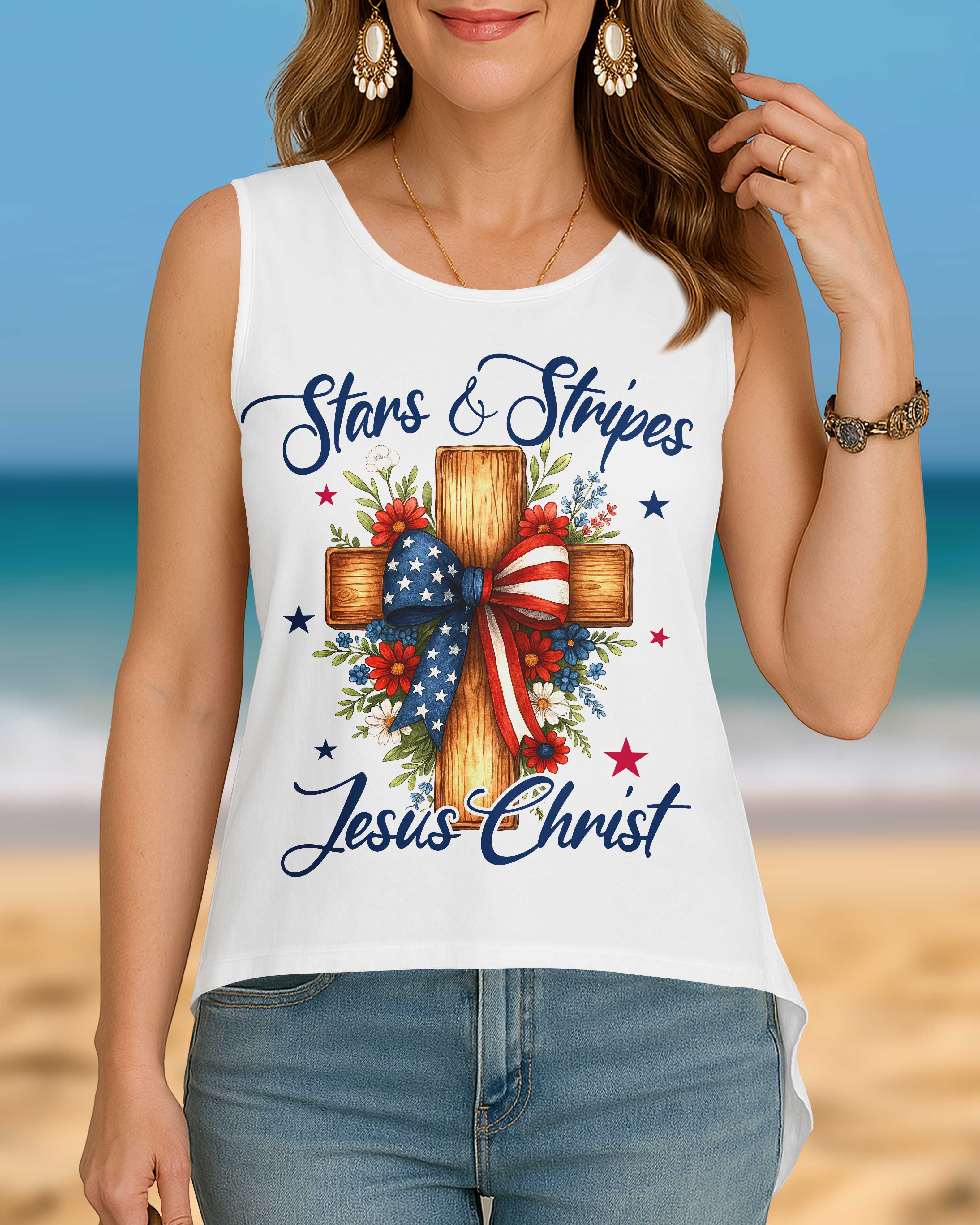 Stars And Stripes Jesus Christ Crop Out Wrap Back Tank Top