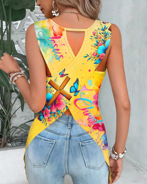 Let All That You Do Be Done In Love All Over Print Cut Out Wrap Back Tank Top