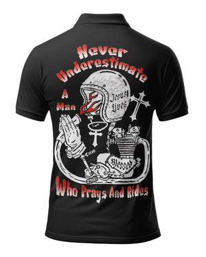 Never Underestimate A Man Who Prays And Rides All Over Print Polo