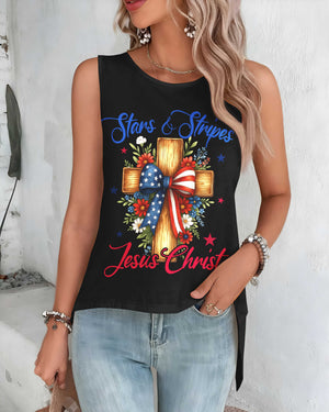Stars And Stripes Jesus Christ Crop Out Wrap Back Tank Top