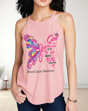 If God Brings You To It He Will Bring You Through It Breast Cancer Awareness Rocker Tank Top