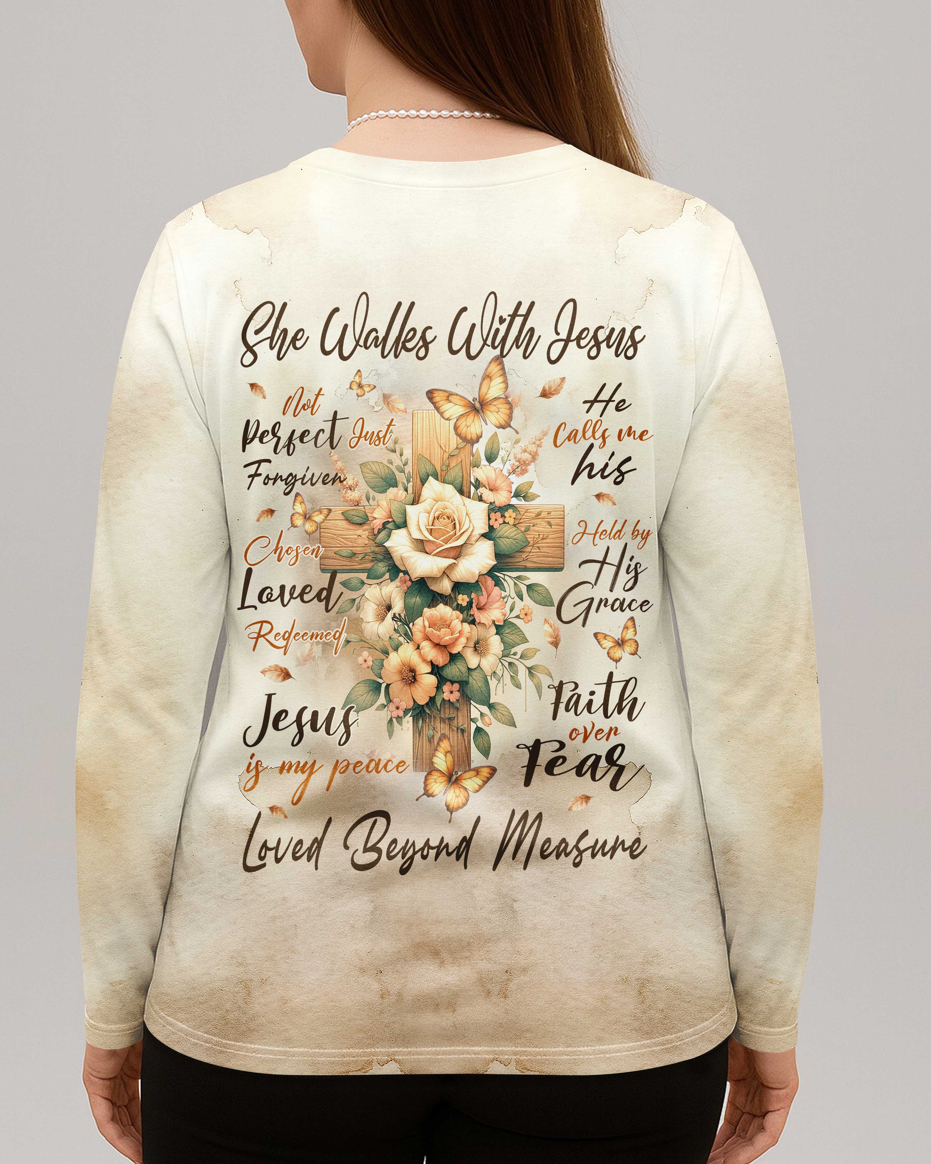 She Walks With Jesus All Over Print V-neck Long Sleeves Shirt