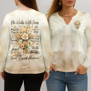 She Walks With Jesus All Over Print V-neck Long Sleeves Shirt