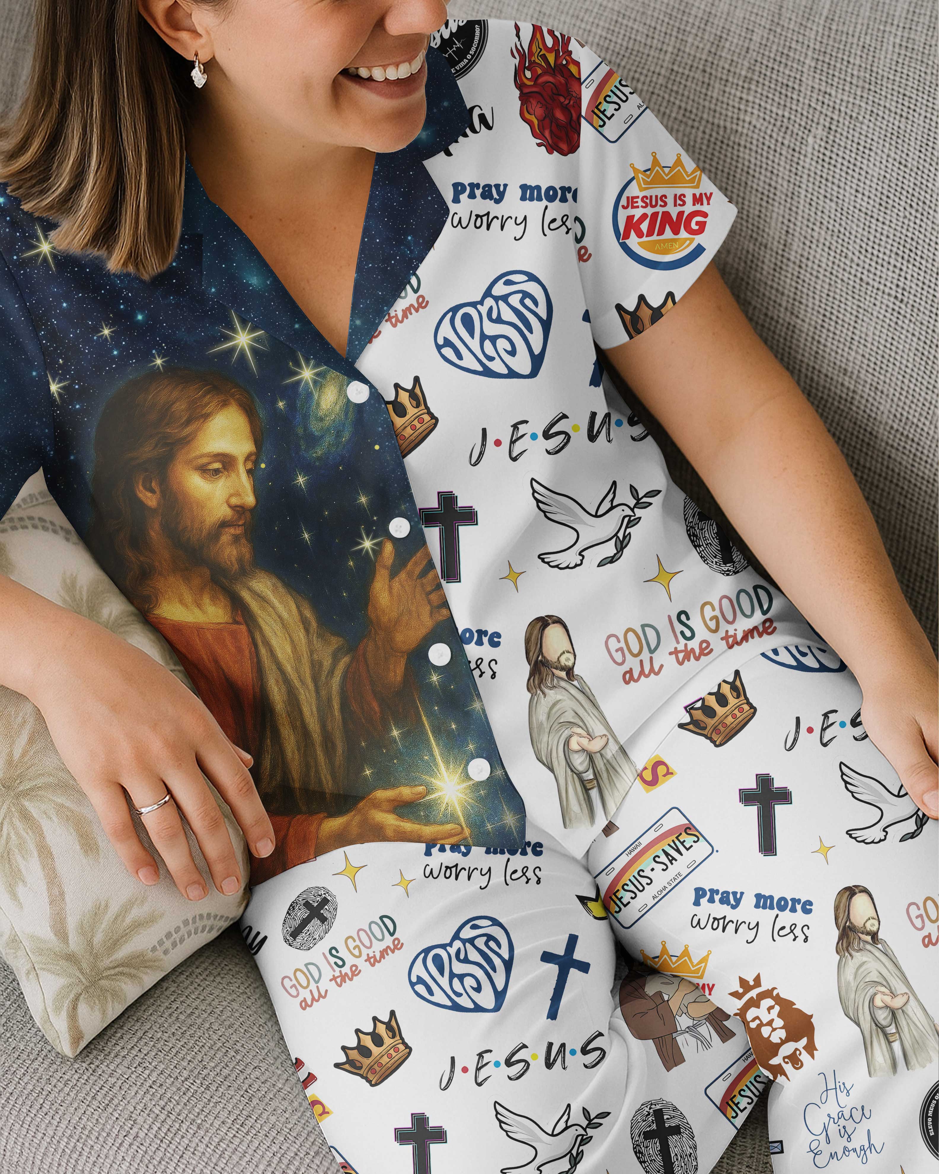 Pray More Worry Less All Over Print Button Pajamas