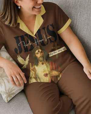 Jesus Faith Hope Pray More Worry Less Lightweight Button Pajamas