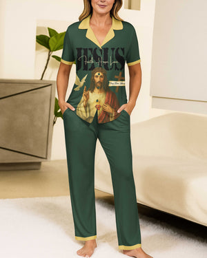 Jesus Faith Hope Pray More Worry Less Lightweight Button Pajamas