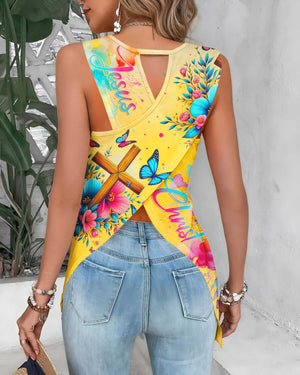 Let All That You Do Be Done In Love All Over Print Cut Out Wrap Back Tank Top