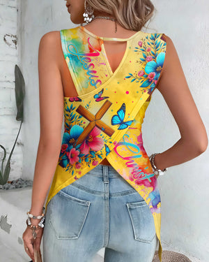 Let All That You Do Be Done In Love All Over Print Cut Out Wrap Back Tank Top