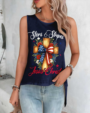 Stars And Stripes Jesus Christ Crop Out Wrap Back Tank Top