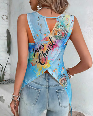 We Love Because He First Loved Us All Over Print Cut Out Wrap Back Tank Top