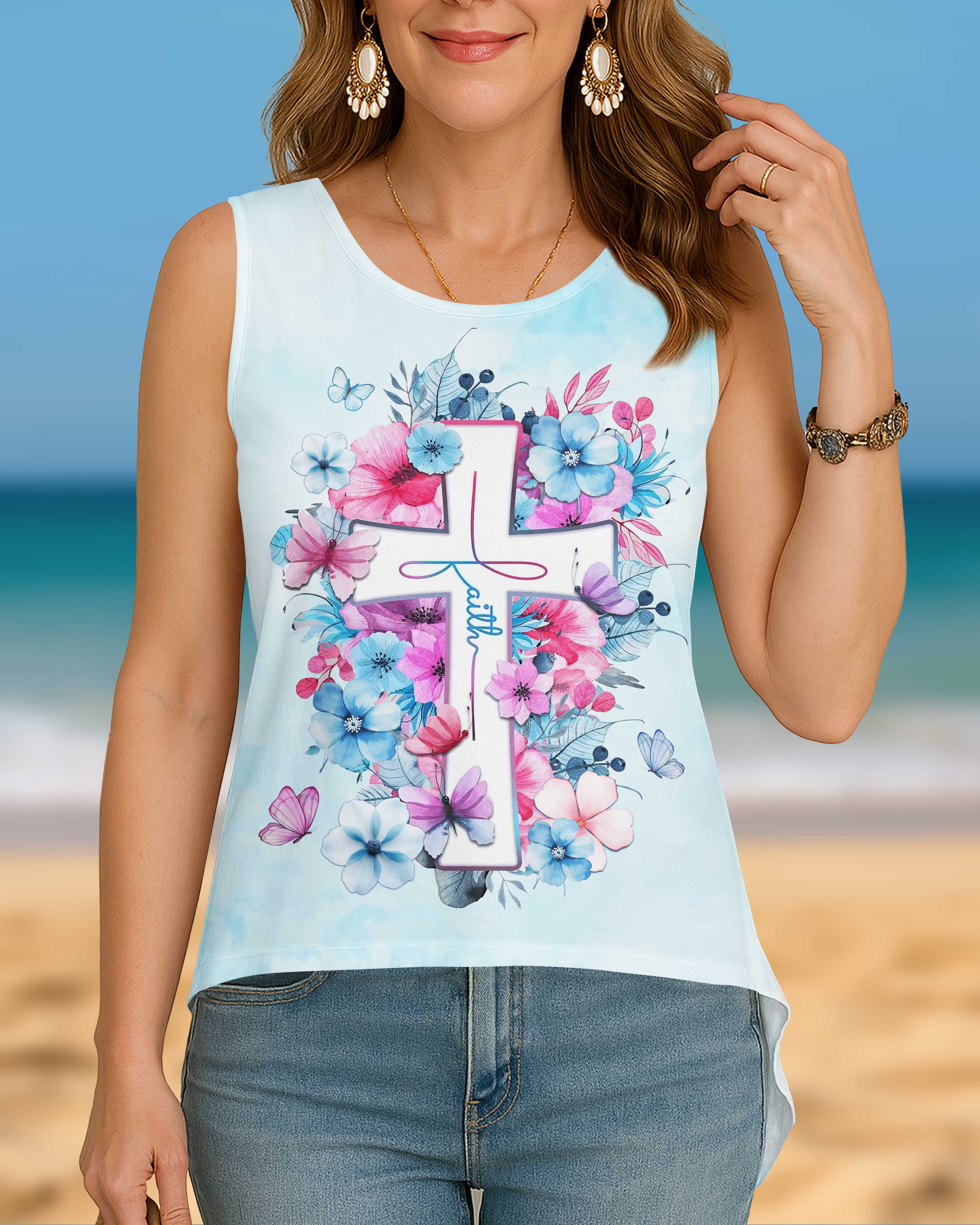 Faith All Over Print Crop Out Wrap Back Tank Top