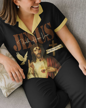 Jesus Faith Hope Pray More Worry Less Lightweight Button Pajamas