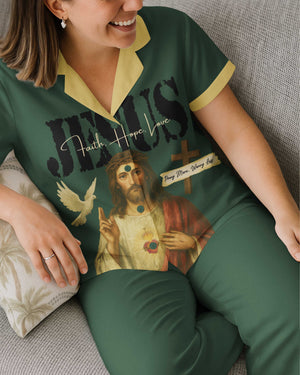 Jesus Faith Hope Pray More Worry Less Lightweight Button Pajamas