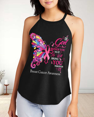 If God Brings You To It He Will Bring You Through It Breast Cancer Awareness Rocker Tank Top