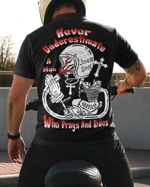 Never Underestimate A Man Who Prays And Rides All Over Print Polo