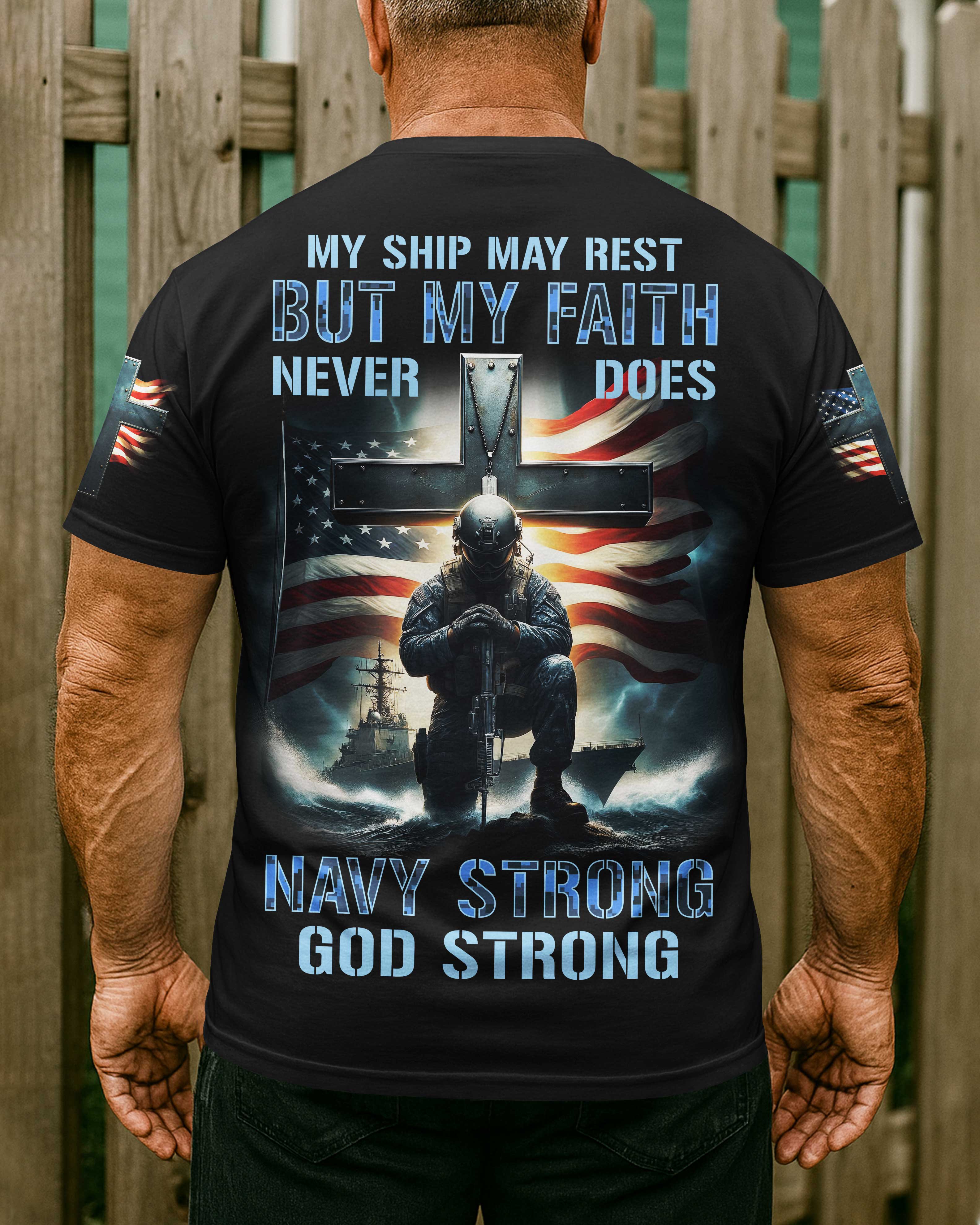 My Ship May Rest But My Faith Never Does Navy Strong God Strong All Over Print T-Shirt