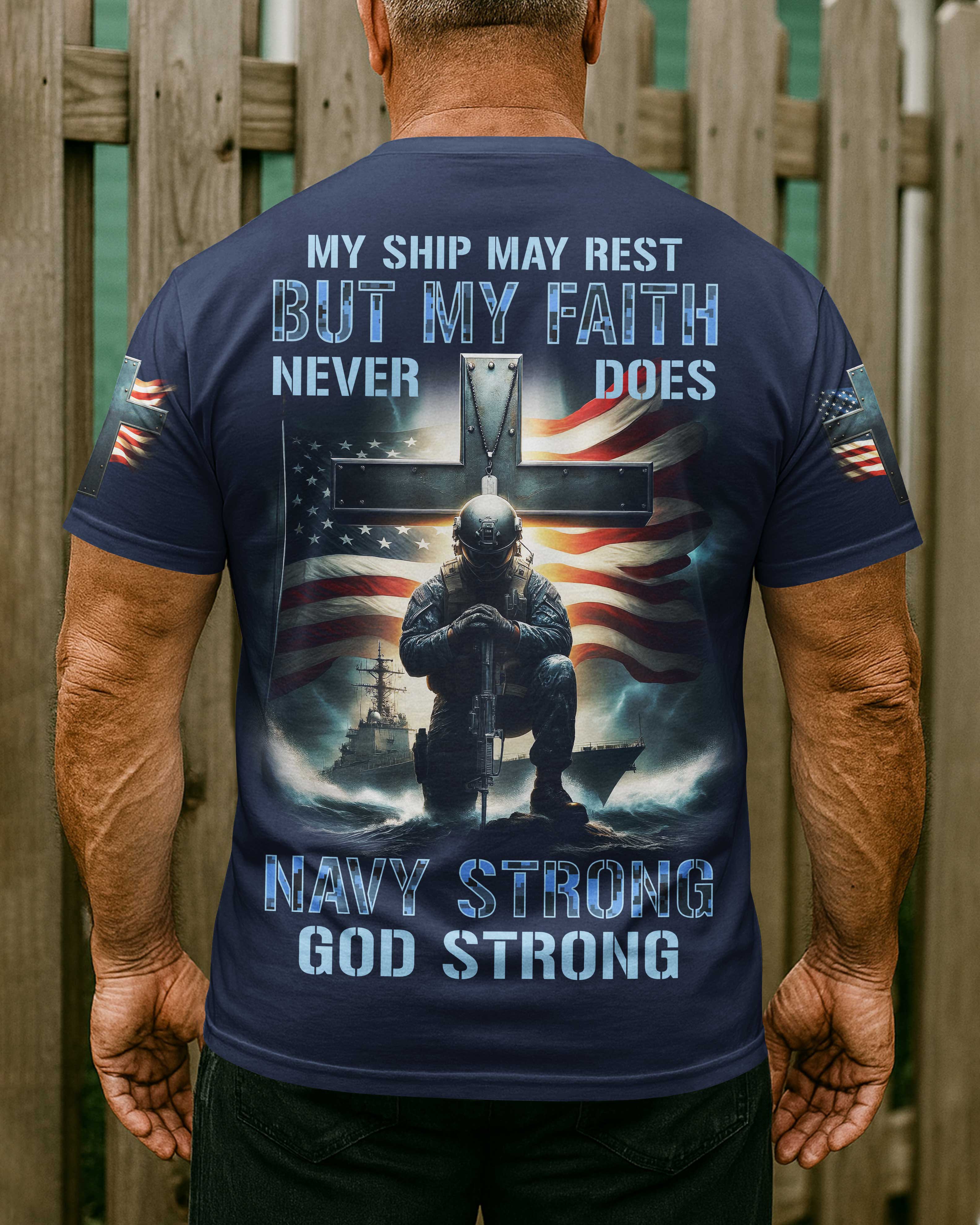 My Ship May Rest But My Faith Never Does Navy Strong God Strong All Over Print T-Shirt