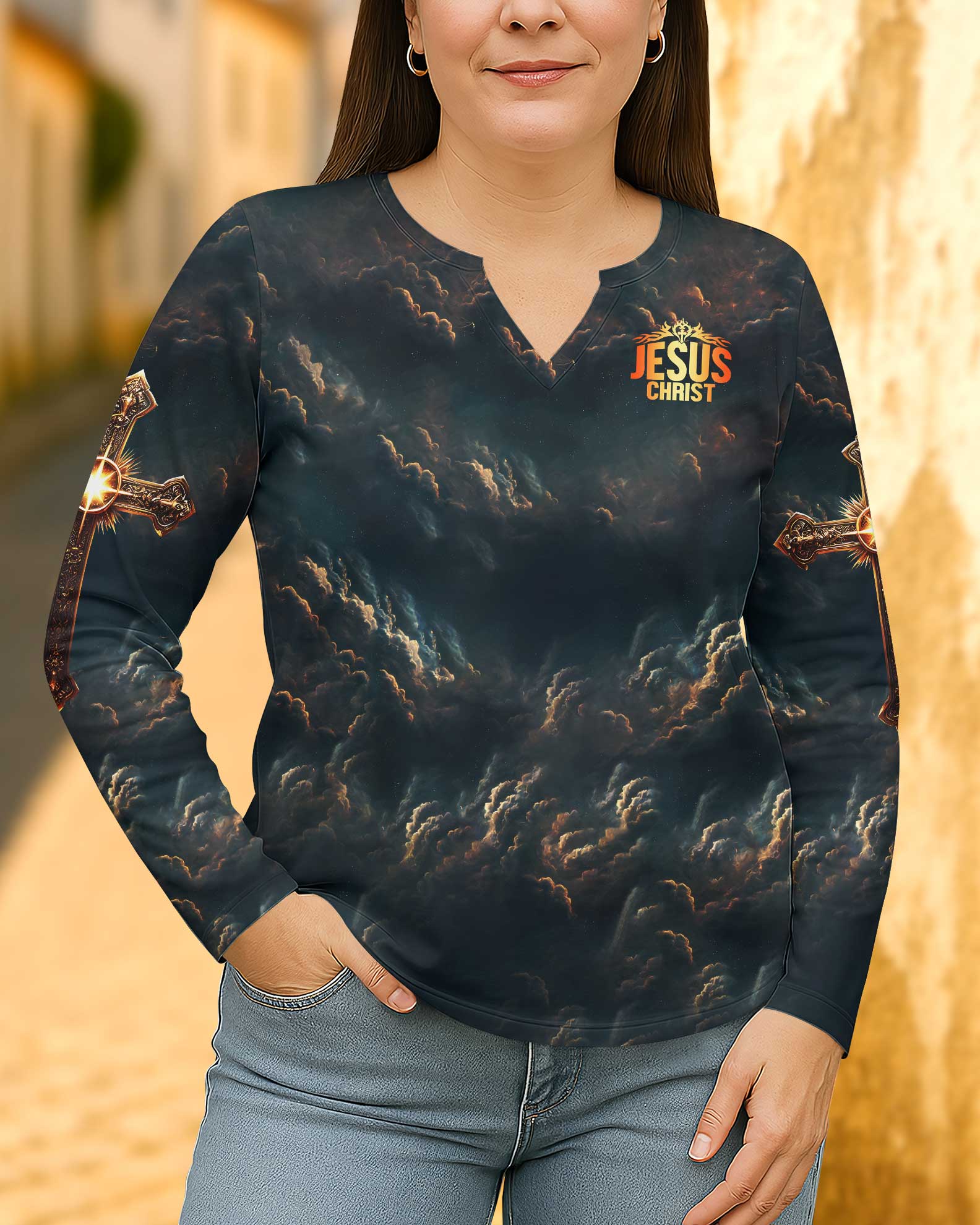 I'm Covered By His Grace All Over Print V-neck Long Sleeves Shirt