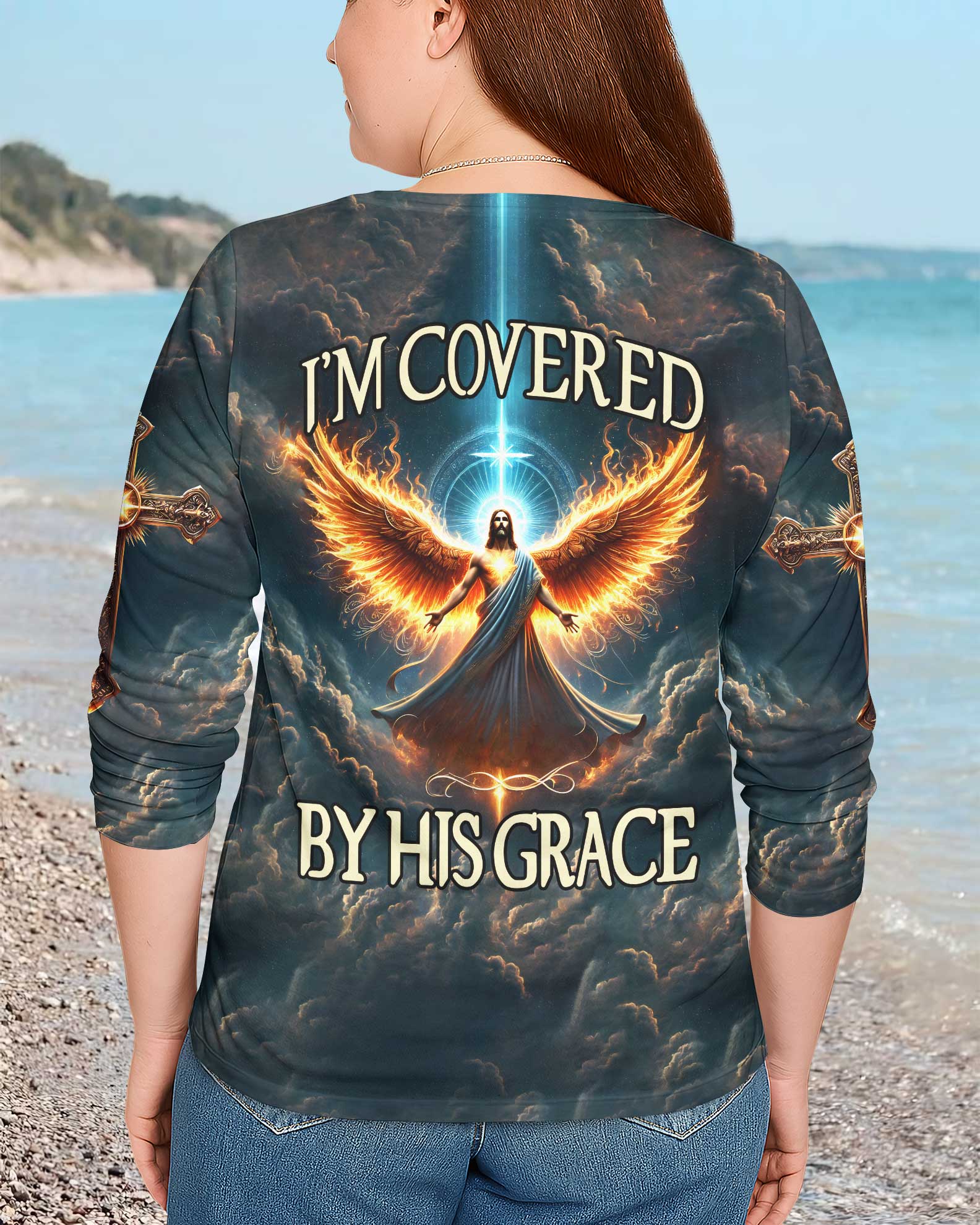 I'm Covered By His Grace All Over Print V-neck Long Sleeves Shirt