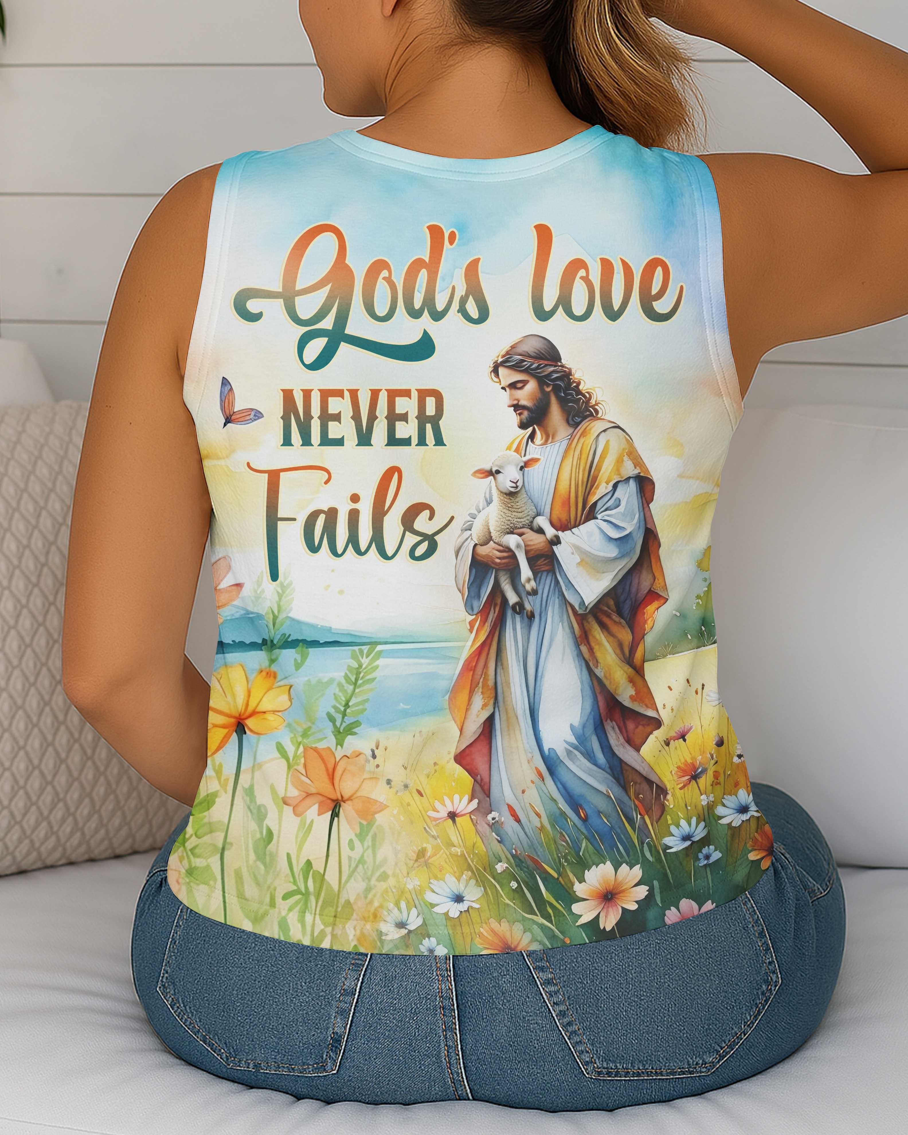God's Love Never Fails All Over Print V-neck Tank Top