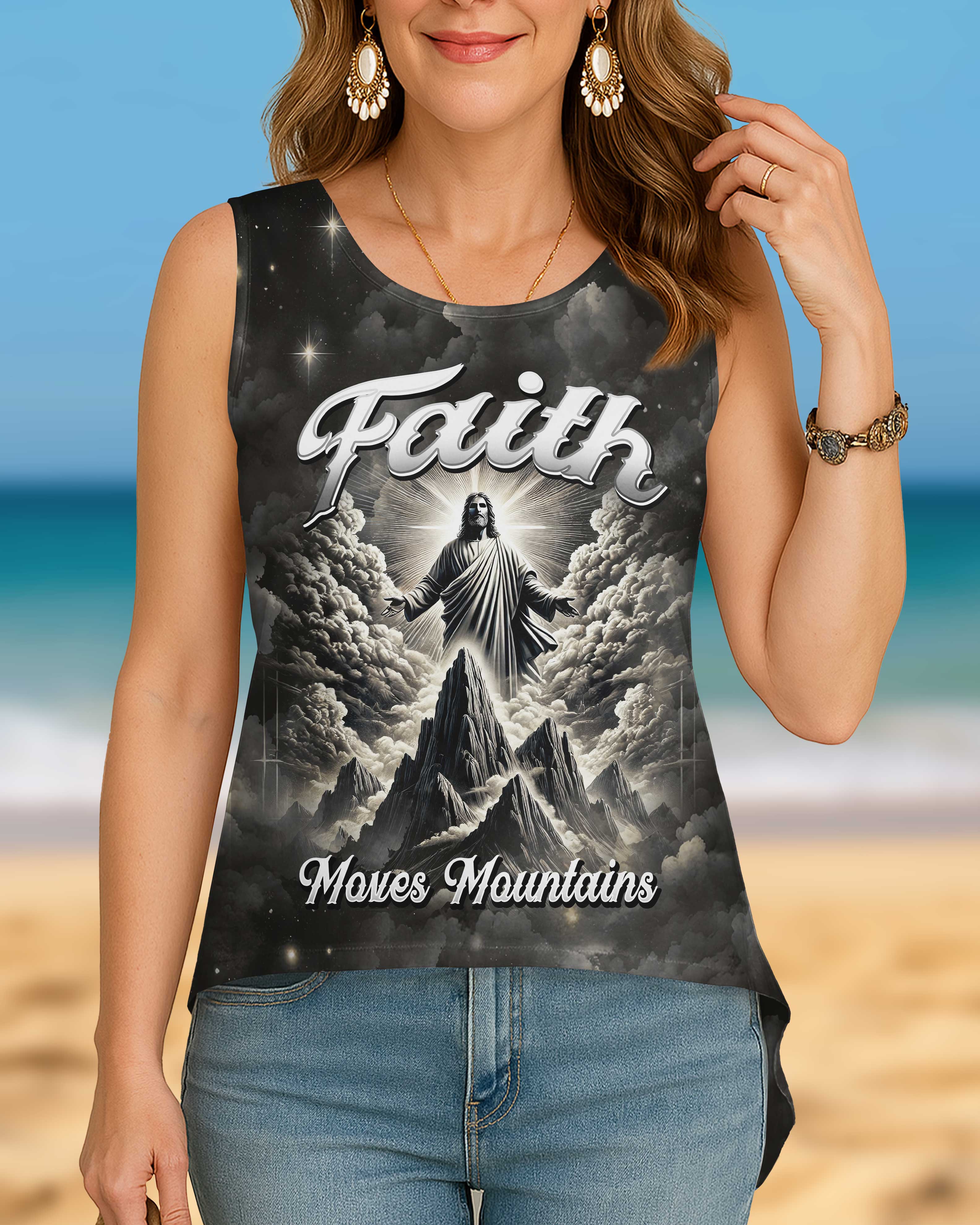 Faith Moves Mountains All Over Print Cut Out Wrap Back Tank Top