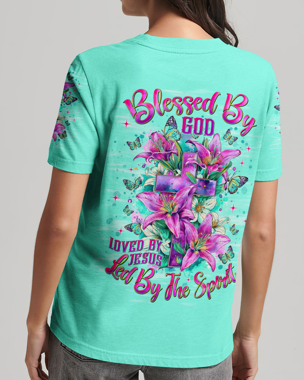 Blessed By God Loved By Jesus Cross Lilies Women's All Over Print Shirt - Tlnt1009253