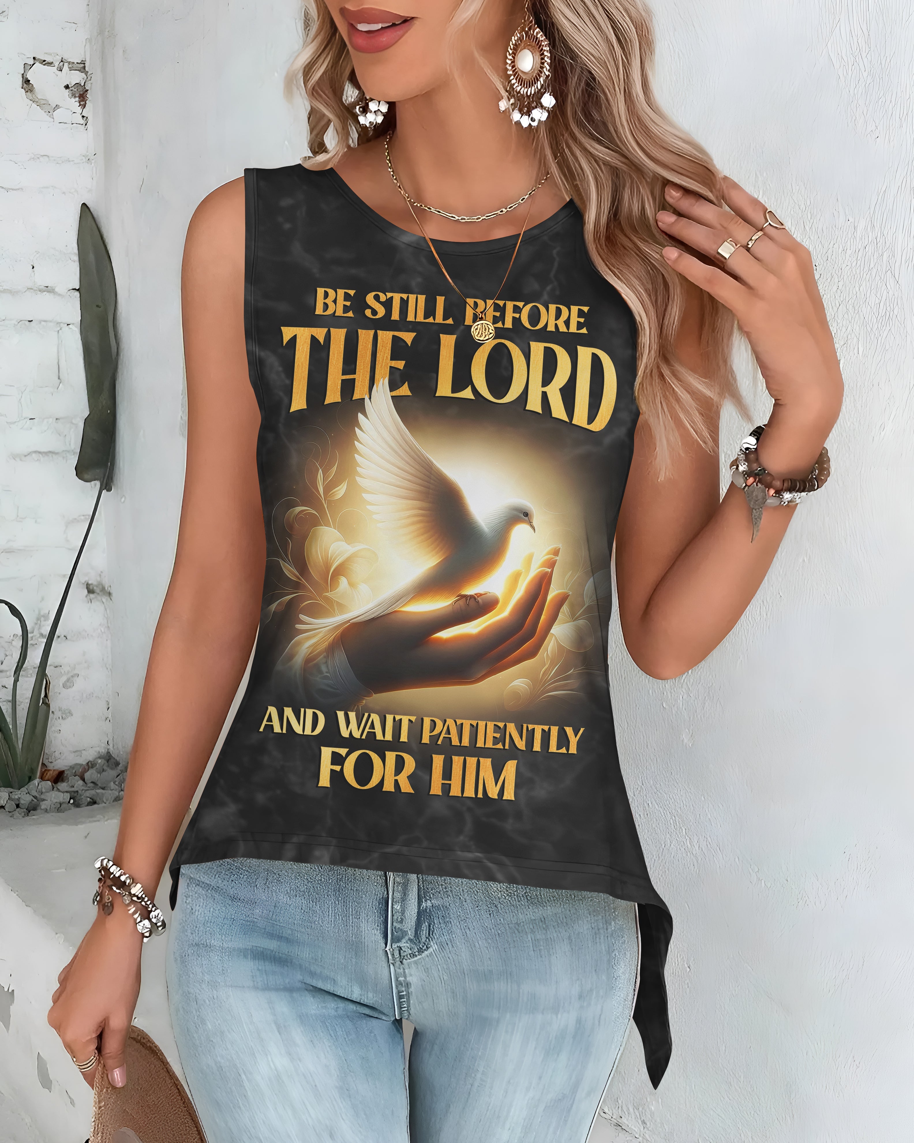 Be Still Before The Lord And Wait Patiently For Him All Over Print Cut Out Wrap Back Tank Top