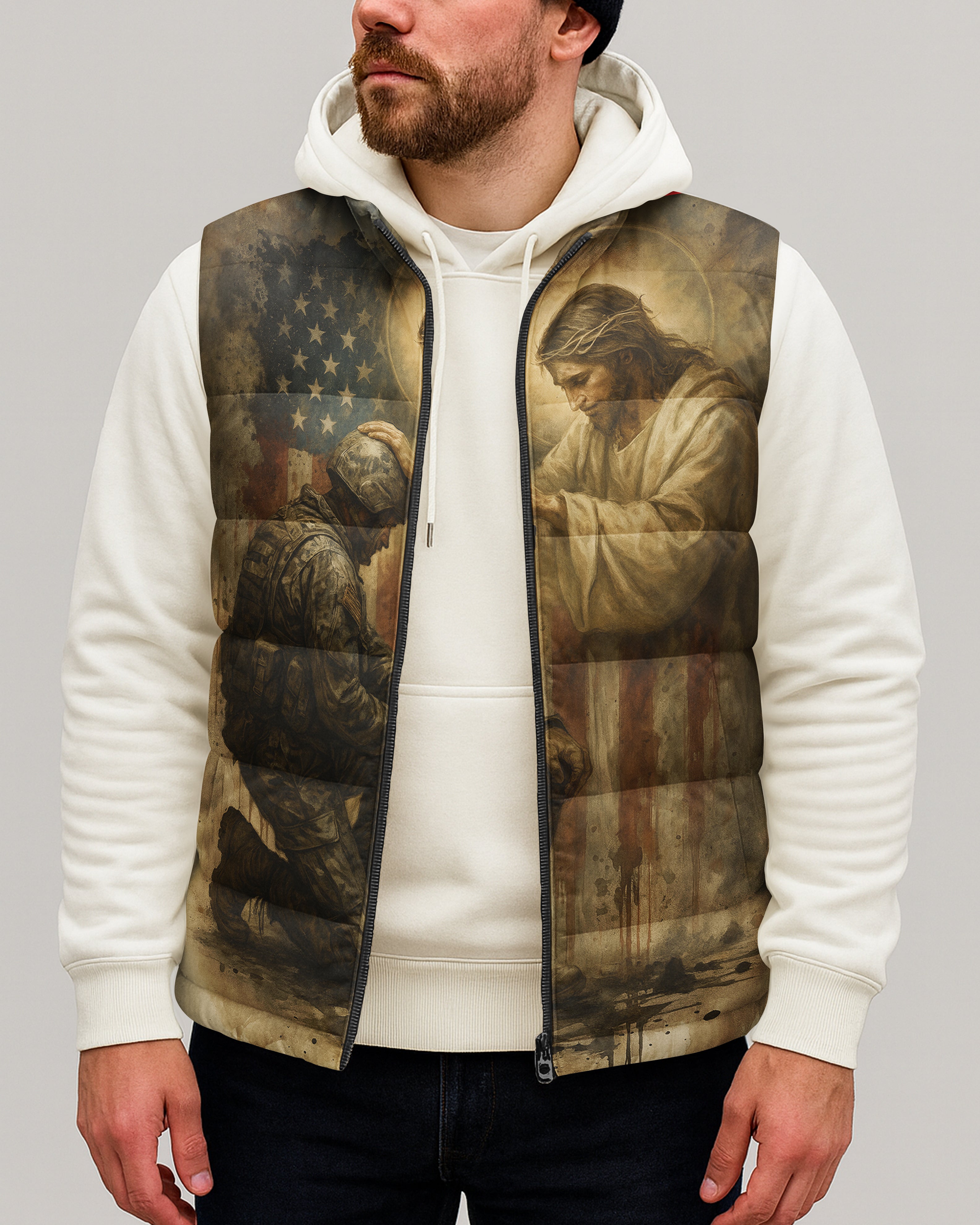 When God's Warriors Go Down On Their Knees The Battle Is Not Over It Has Just Begun All Over Print Sleeveless Puffer Jacket
