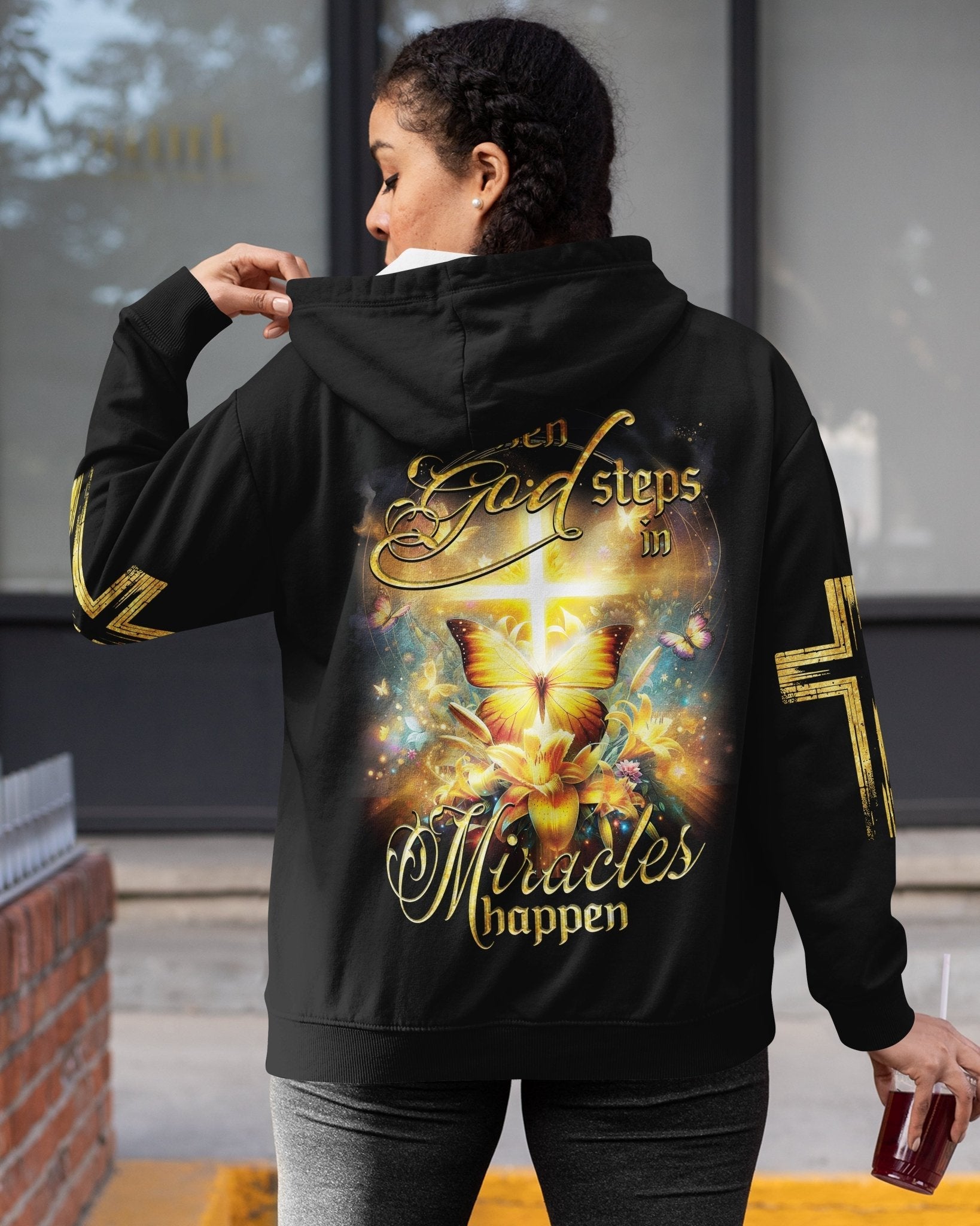 God Steps In Miracles Happen All Over Print Zip Hoodie