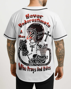 Never Underestimate A Man Who Prays And Rides All Over Print Jersey