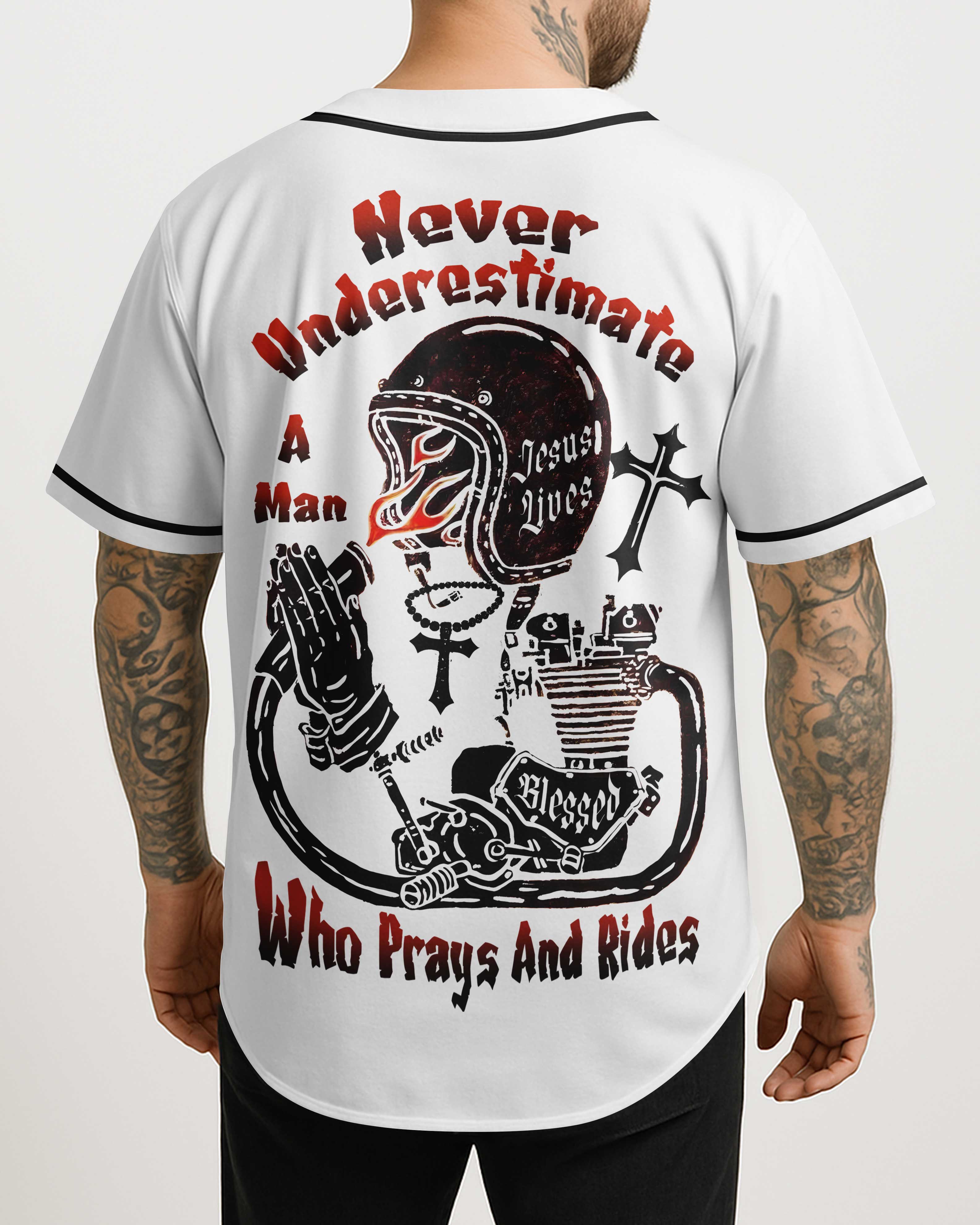 Never Underestimate A Man Who Prays And Rides All Over Print Jersey