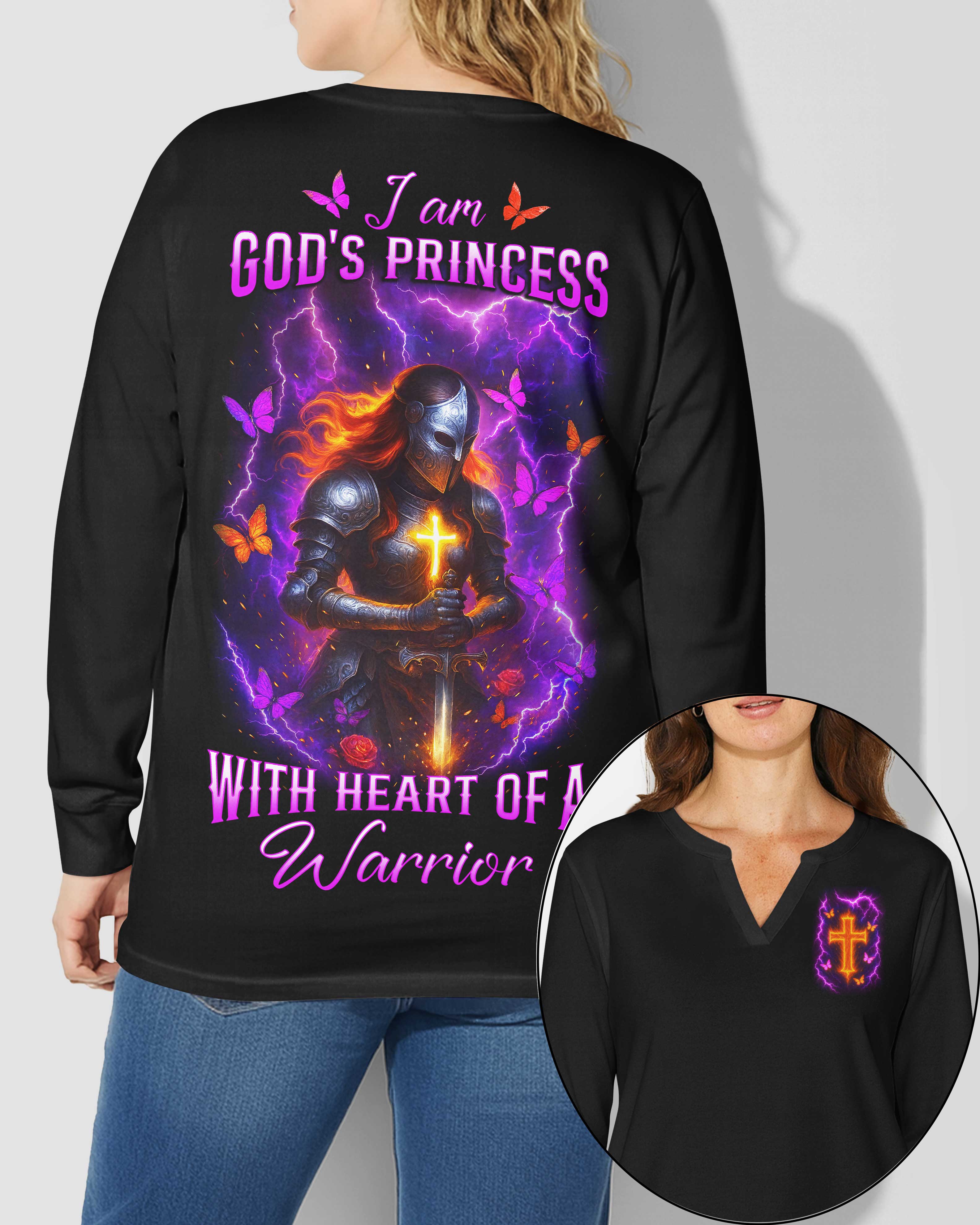 I Am God's Princess With Heart Of A Warrior All Over Print V-neck Long Sleeves Shirt