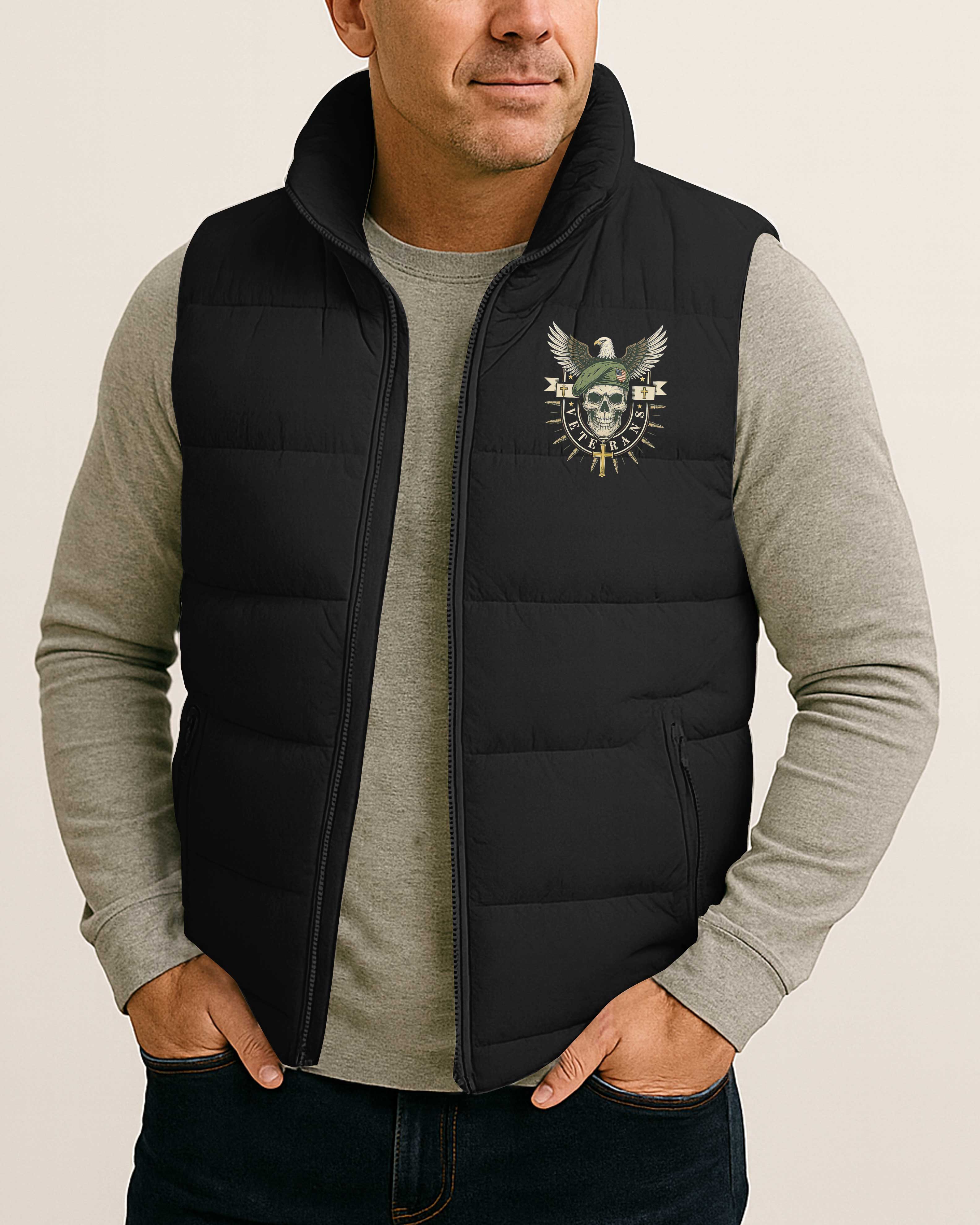 Freedom Is Not Free We Paid For It Veterans Faithful Warriors All Over Print Sleeveless Puffer Jacket