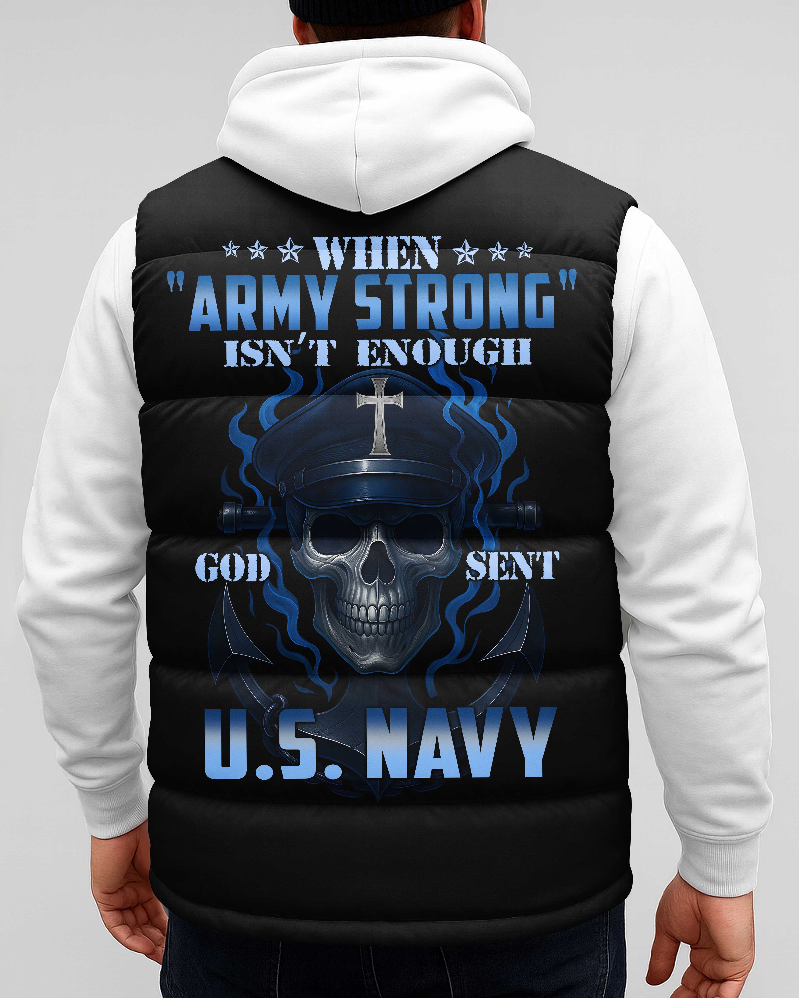 When Army Strong Isn't Enough God Sent U.S. Navy All Over Print Sleeveless Puffer Jacket