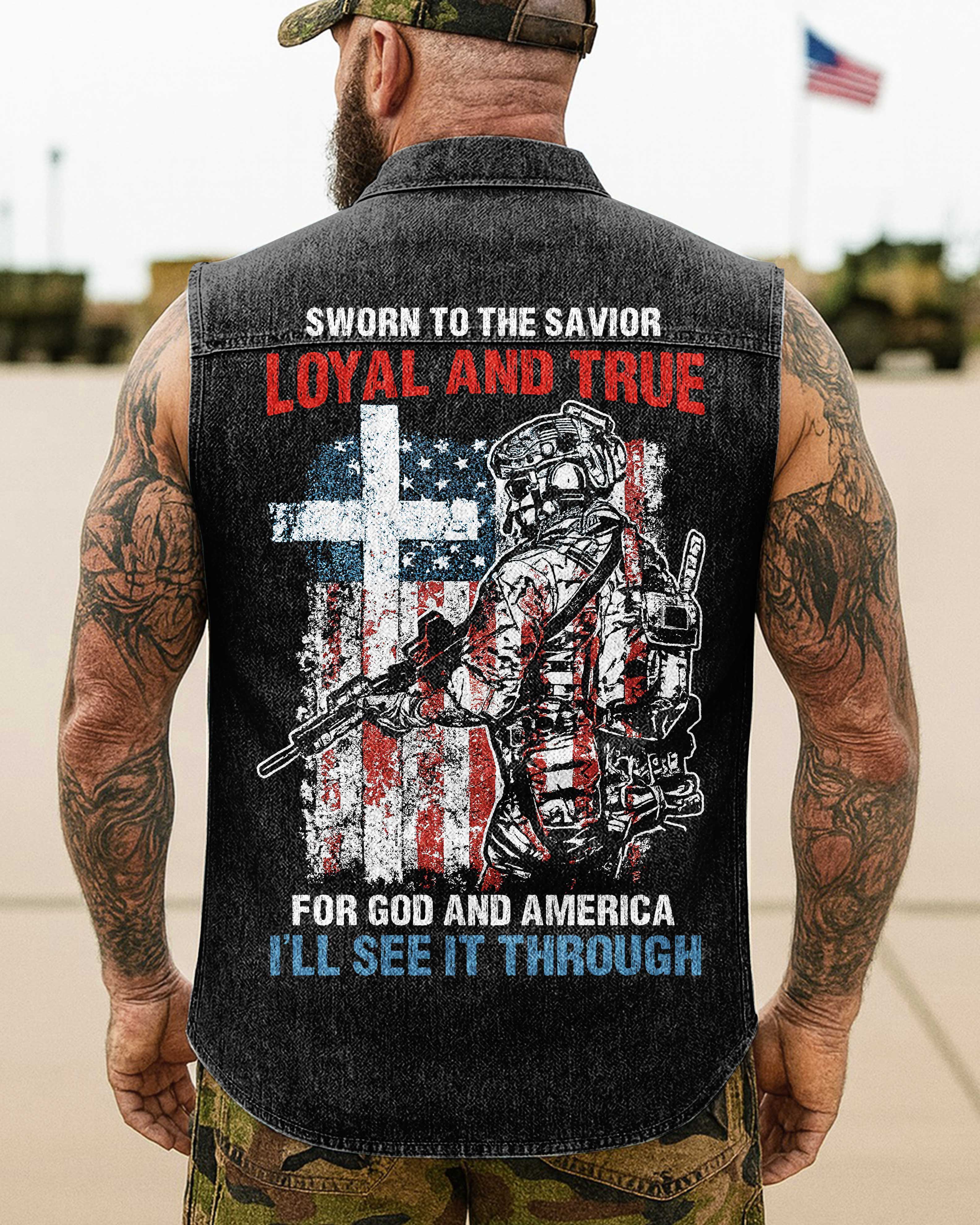 Sworn To The Savior  Sleevesless Denim Shirt