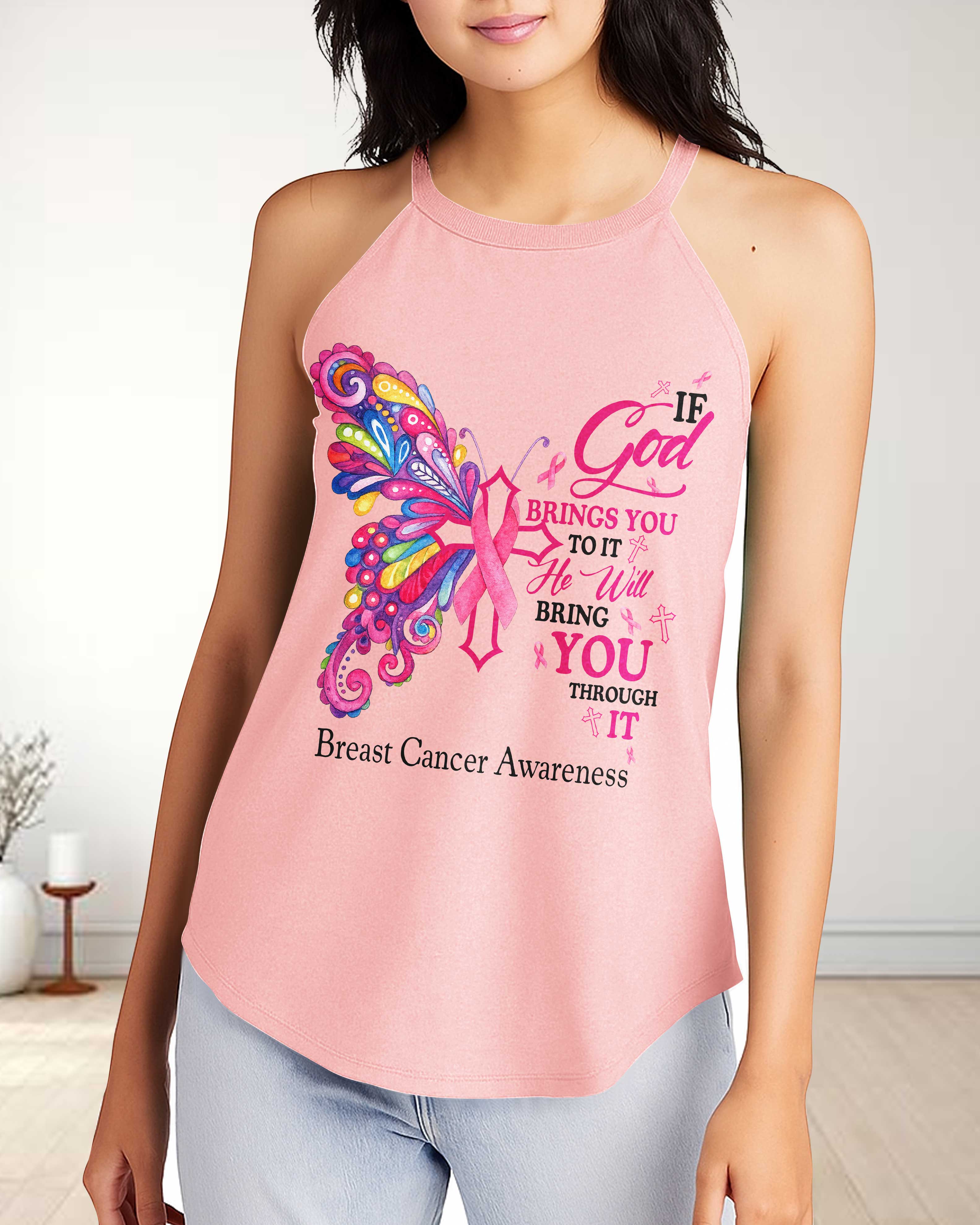 If God Brings You To It He Will Bring You Through It Breast Cancer Awareness Rocker Tank Top