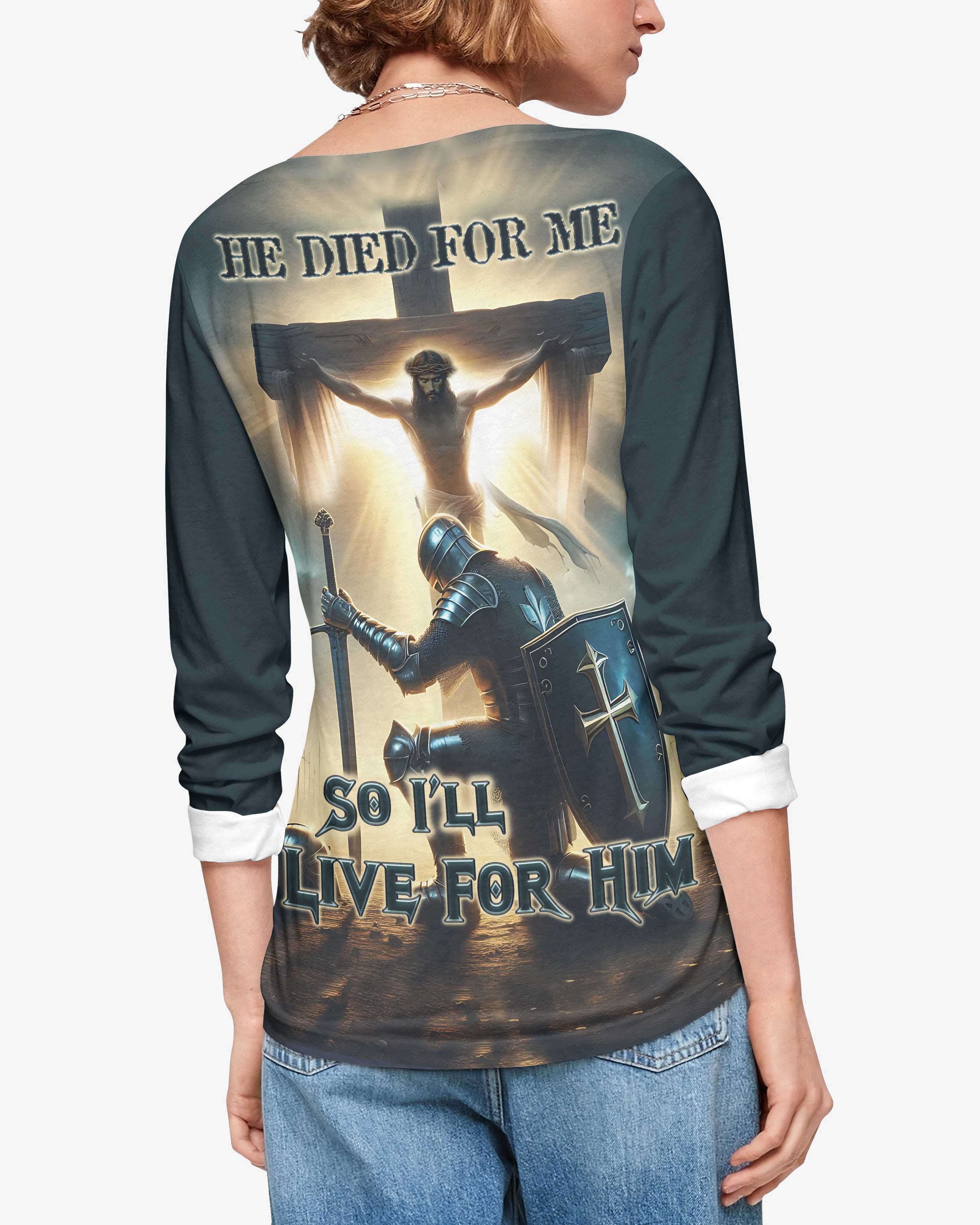 He Died For Me So I'll Live For Him All Over Print V-neck Long Sleeves Shirt
