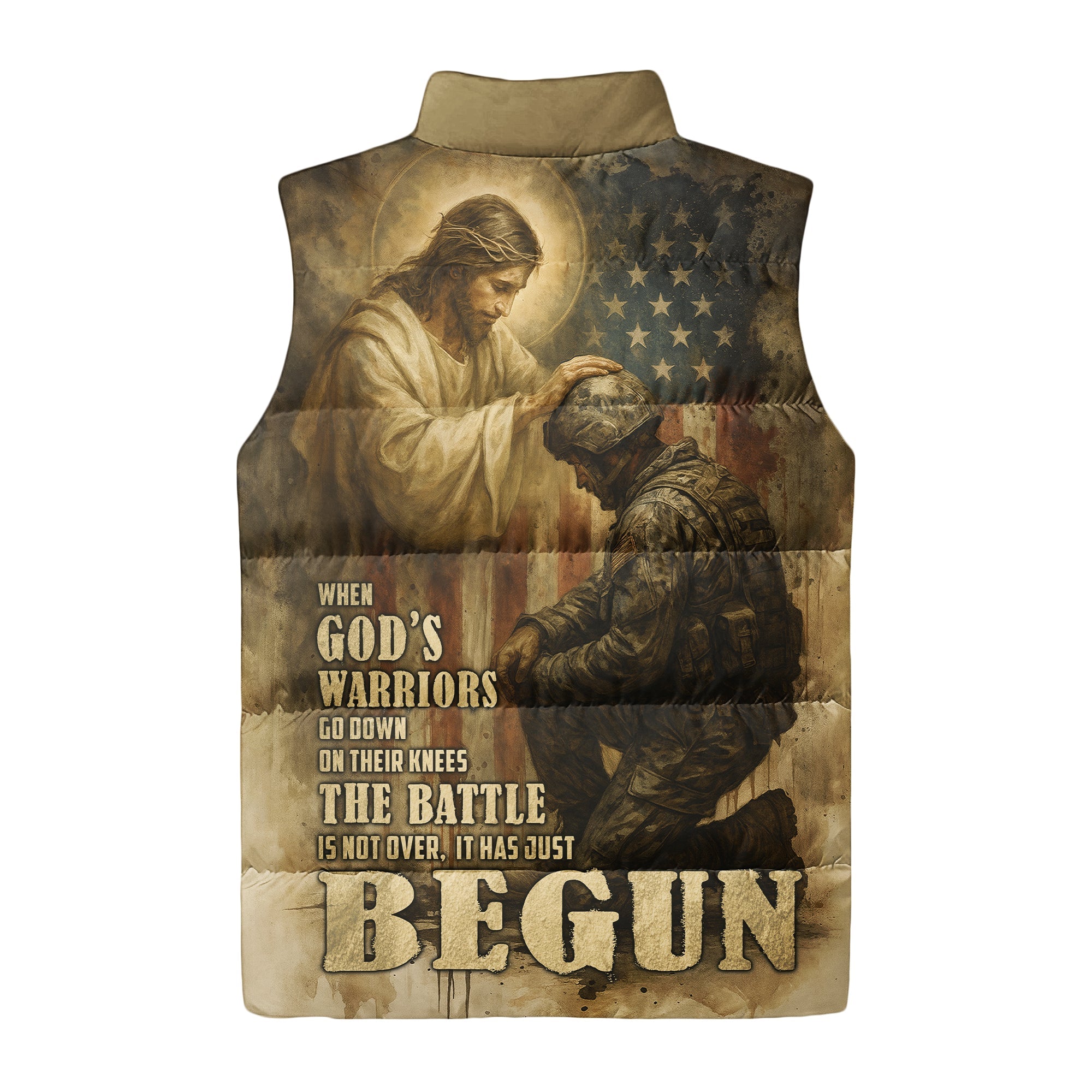 When God's Warriors Go Down On Their Knees The Battle Is Not Over It Has Just Begun All Over Print Sleeveless Puffer Jacket