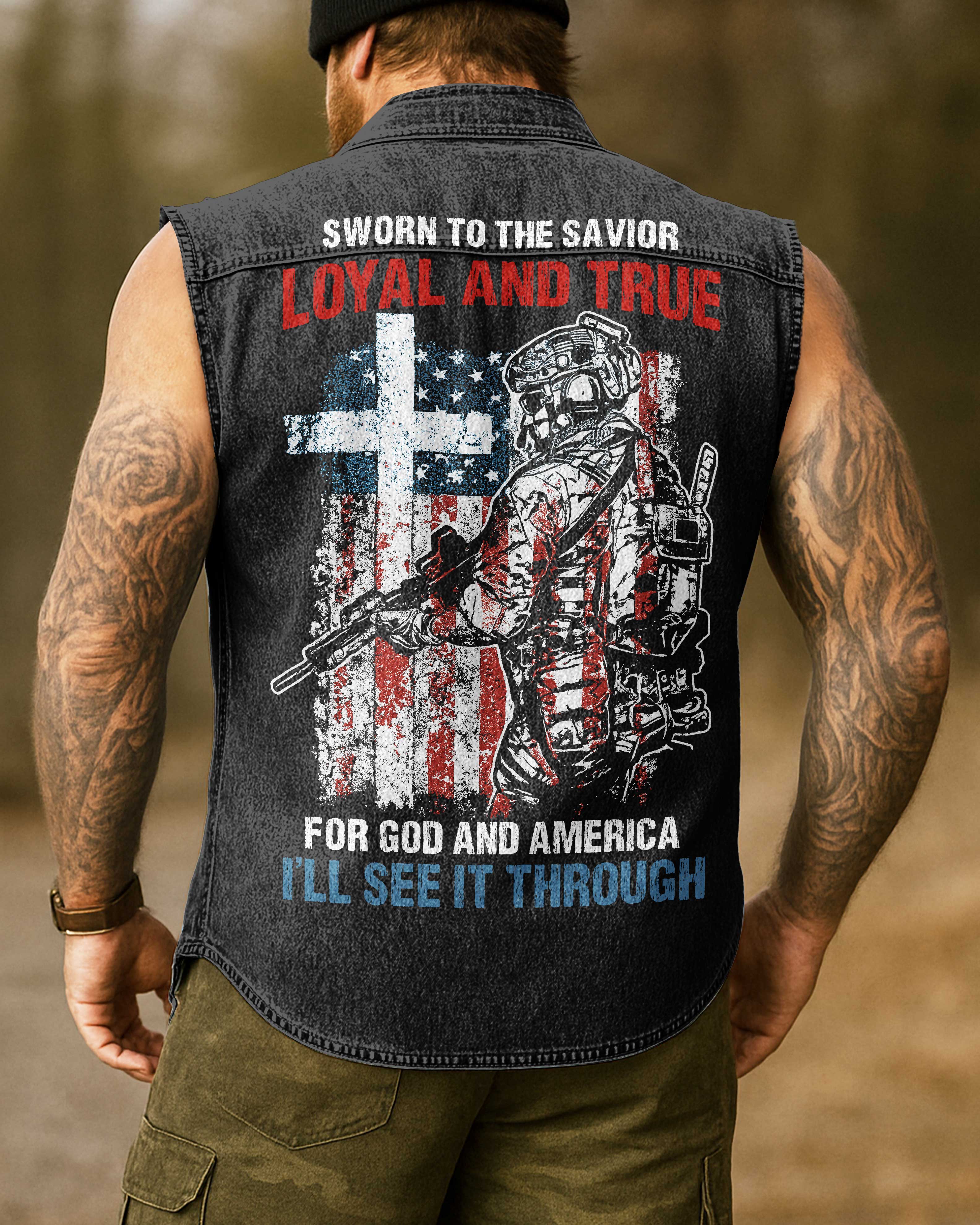 Sworn To The Savior  Sleevesless Denim Shirt