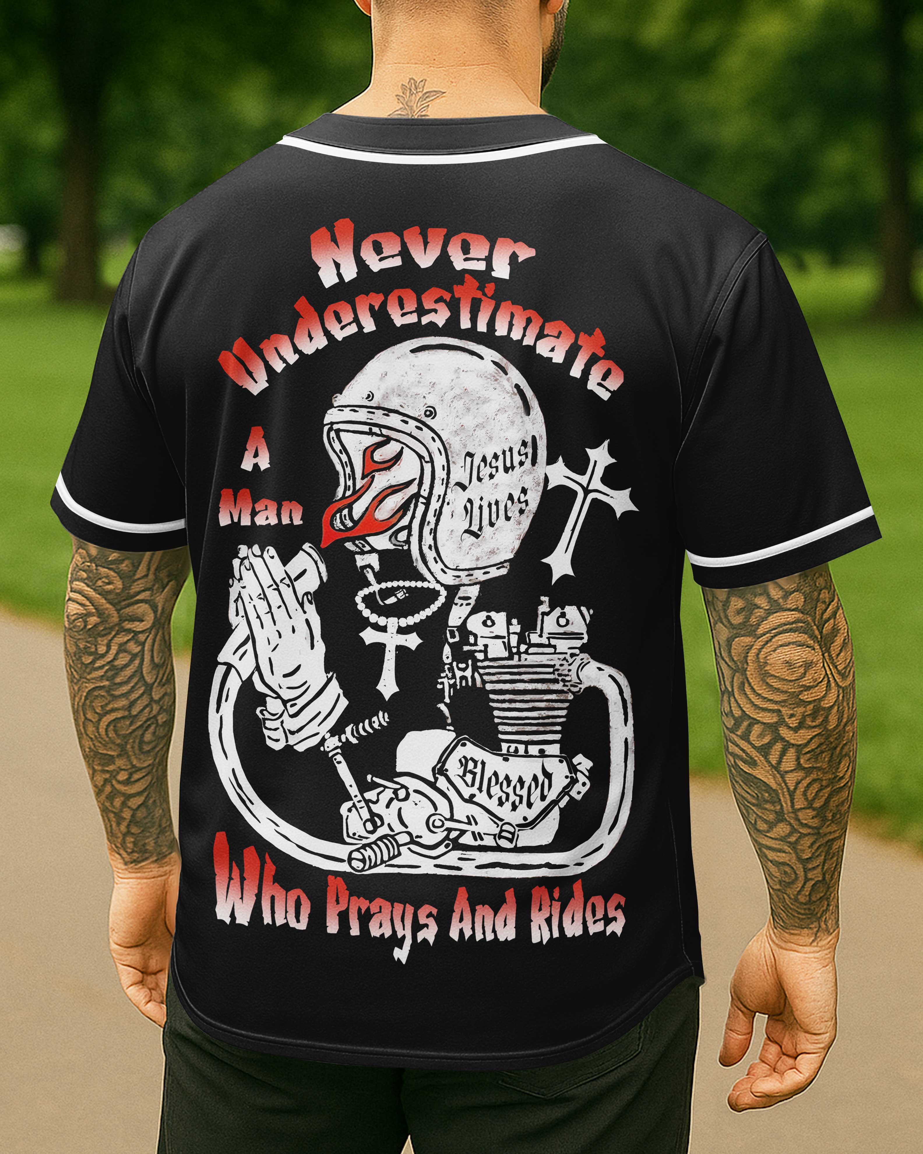 Never Underestimate A Man Who Prays And Rides All Over Print Jersey