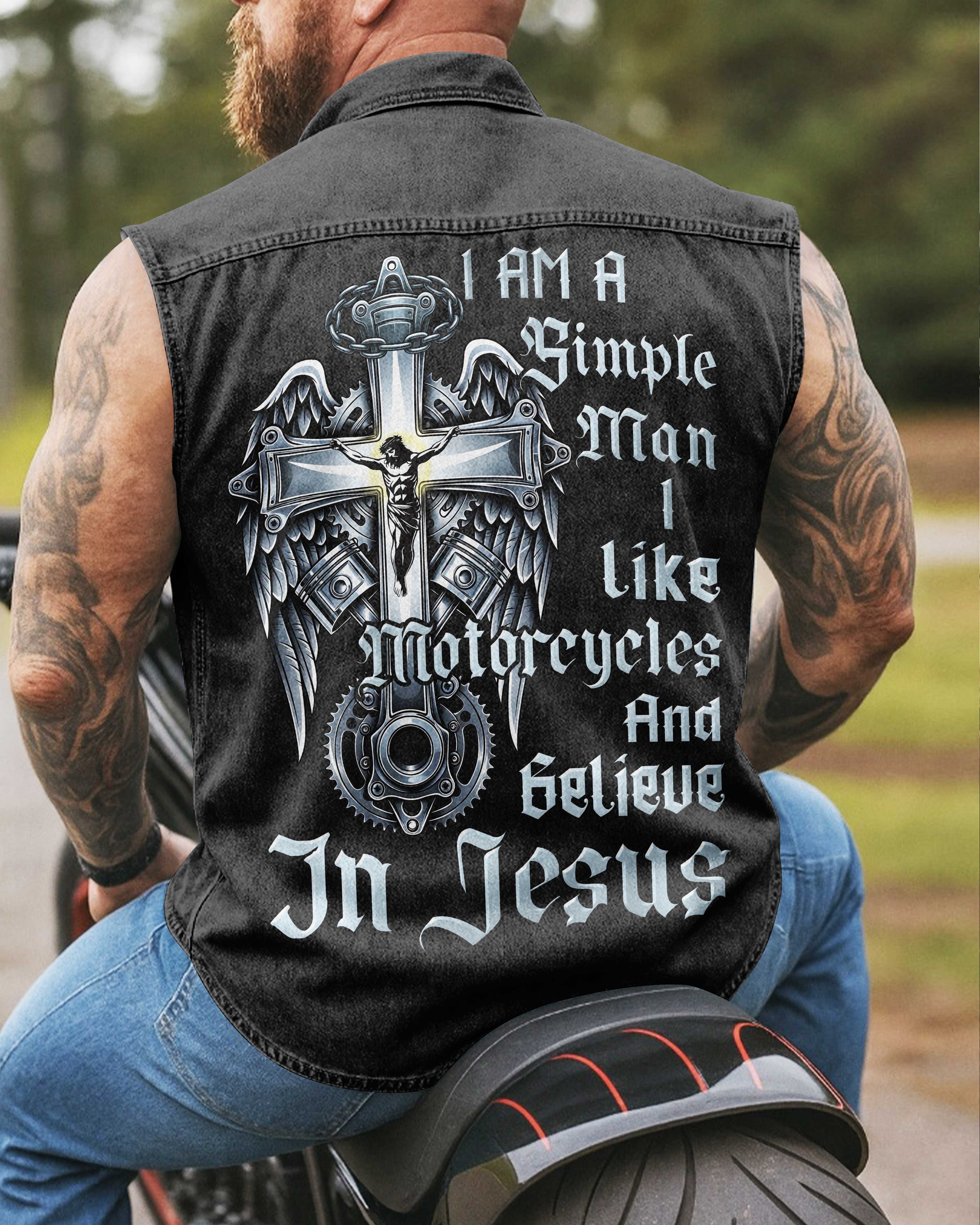 I Am A Simple Man Sleevesless Denim Shirt