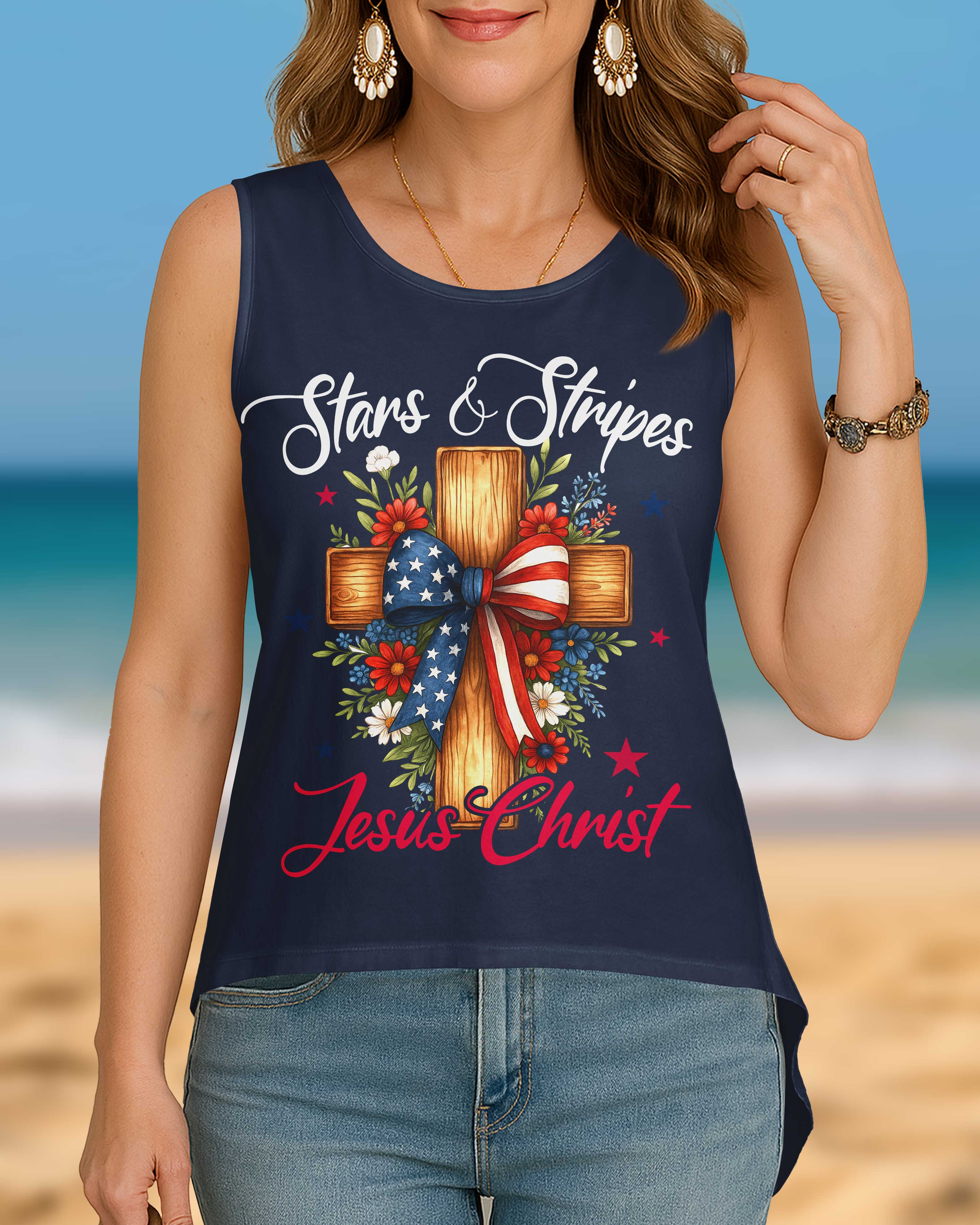 Stars And Stripes Jesus Christ Crop Out Wrap Back Tank Top