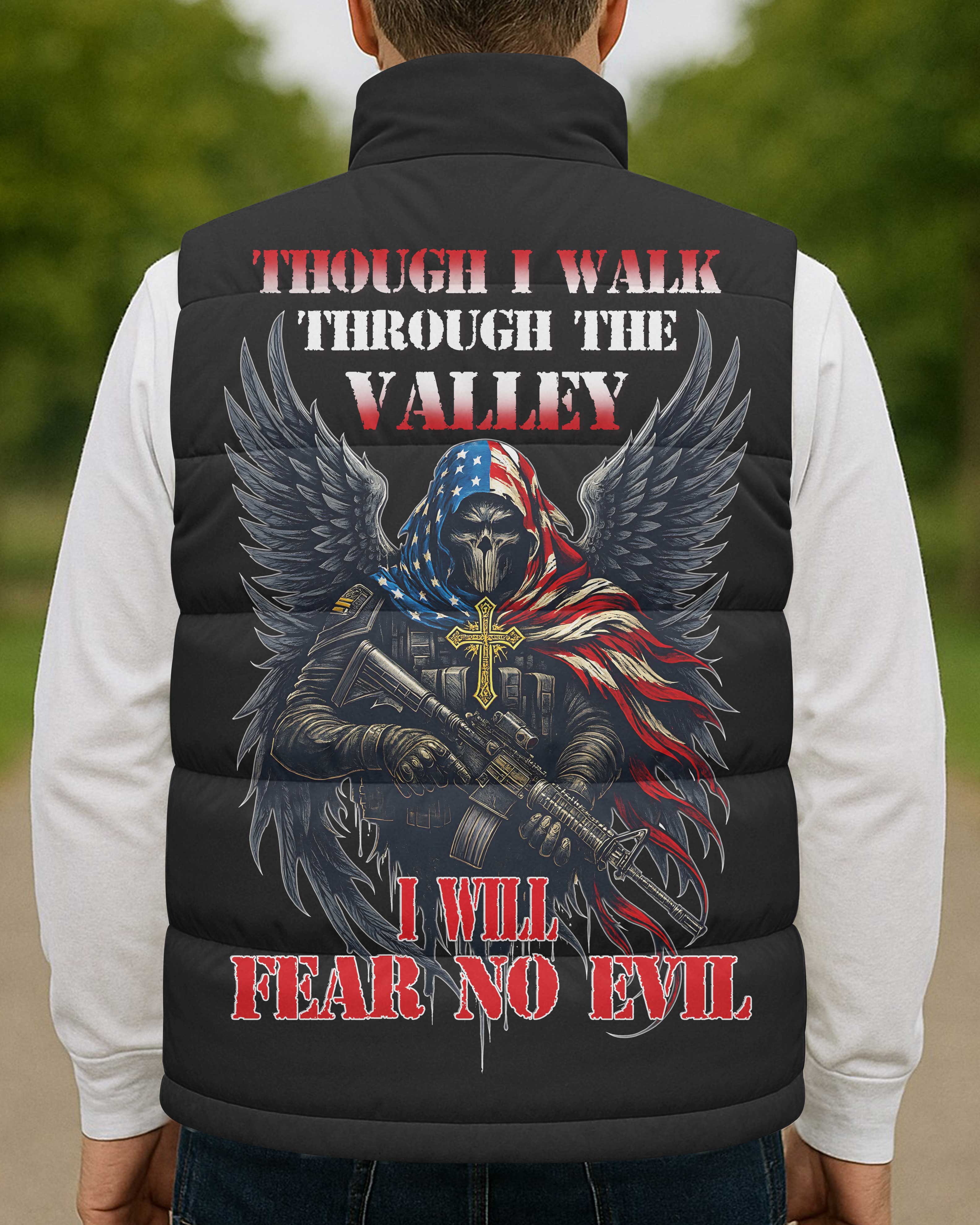 Though I Walk Through The Valley I Will Fear No Evil All Over Print Sleeveless Puffer Jacket