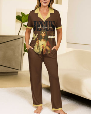 Jesus Faith Hope Pray More Worry Less Lightweight Button Pajamas