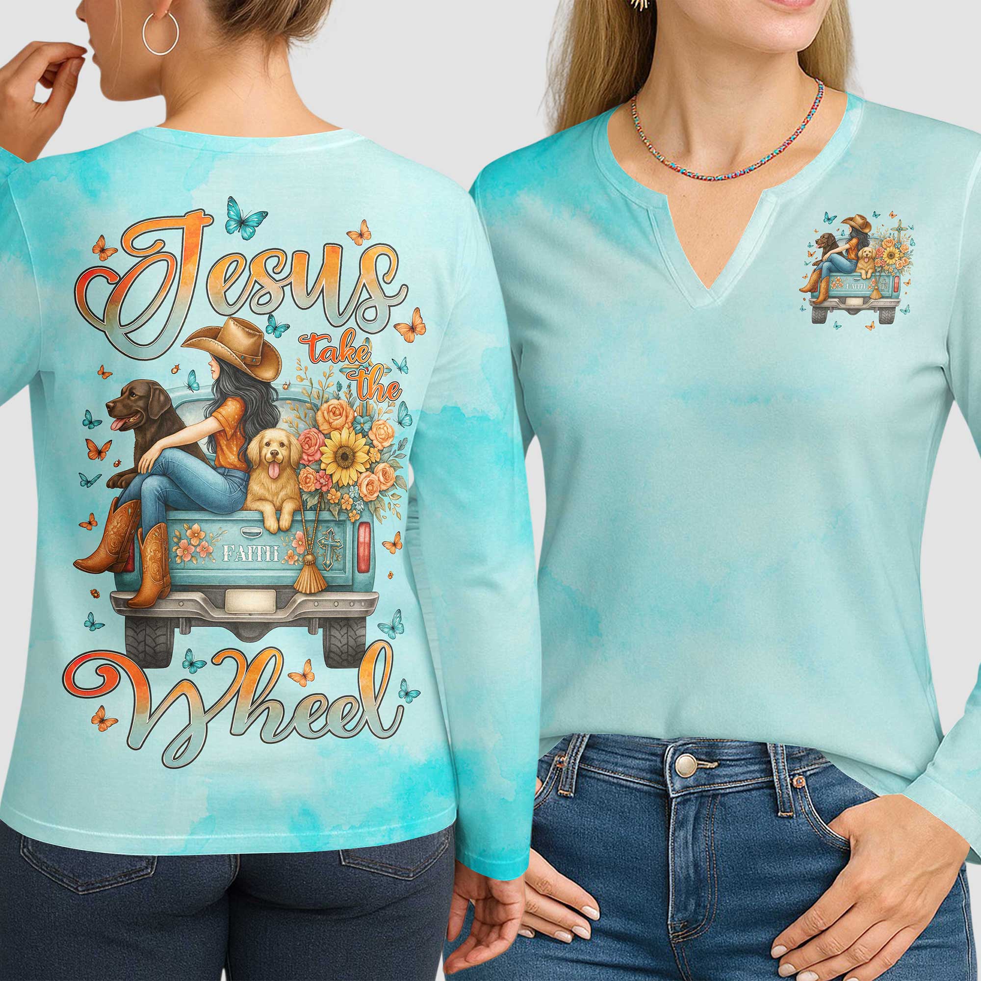 Jesus Take The Wheel All Over Print V-neck Long Sleeves Shirt
